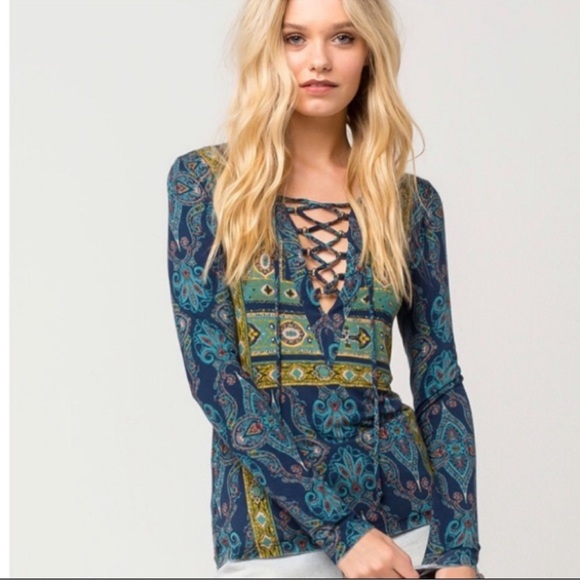 Free People Tops - Free People Aloha Lace Up Top Boho Paisley Long Sleeve Top Women’s XS Festival